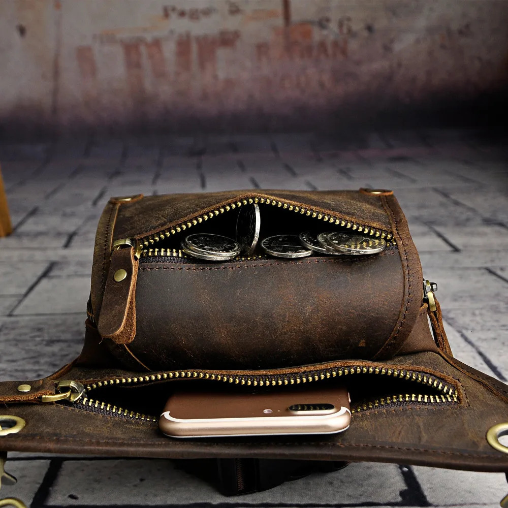 Crazy Horse Leather men Multi-function Small Messenger Bag Fashion Travel Belt Waist Pack Drop Leg Bag Pouch Male 211-4-d 250314