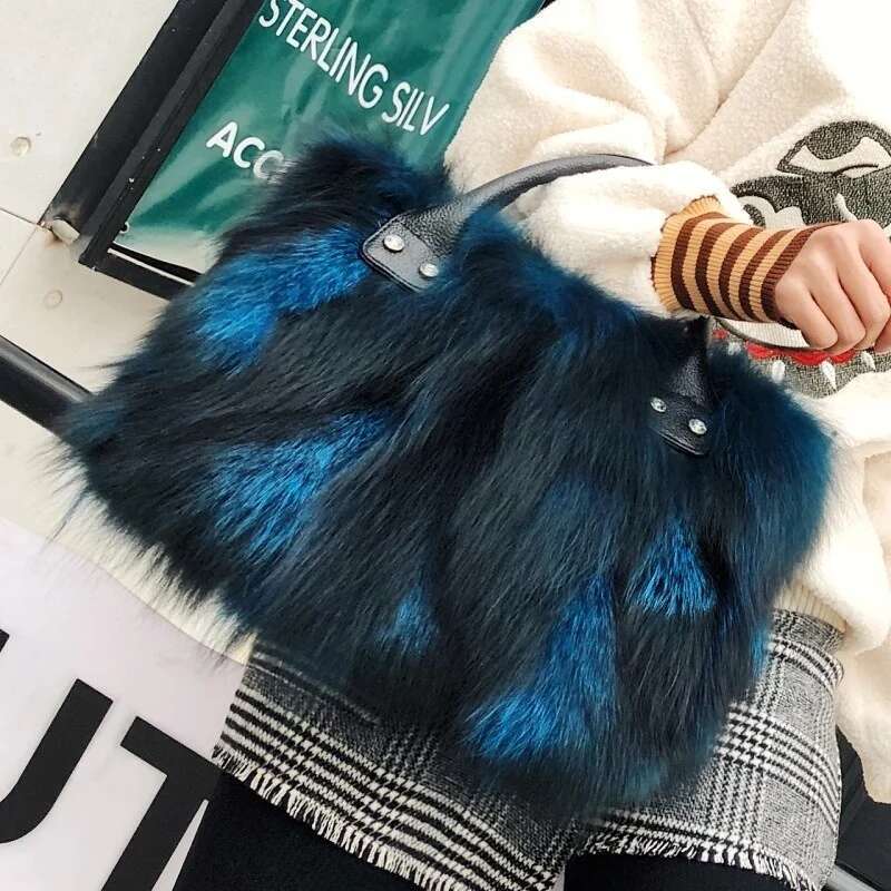 Fox Winter Women Fluffy Handbag Real Fur Female Shoulder Crossbody Evening Party Handbags Large Lady Clutch Bag