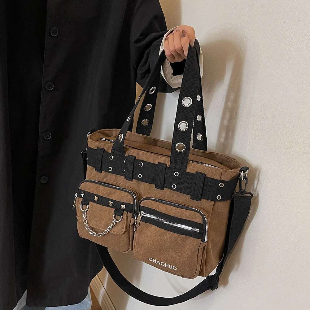 Women Rockabilly Shoulder With Chain Canvas Rivet Tote Handbag Zipper Closure Punk Style Sg Rock Girls Daily Bag