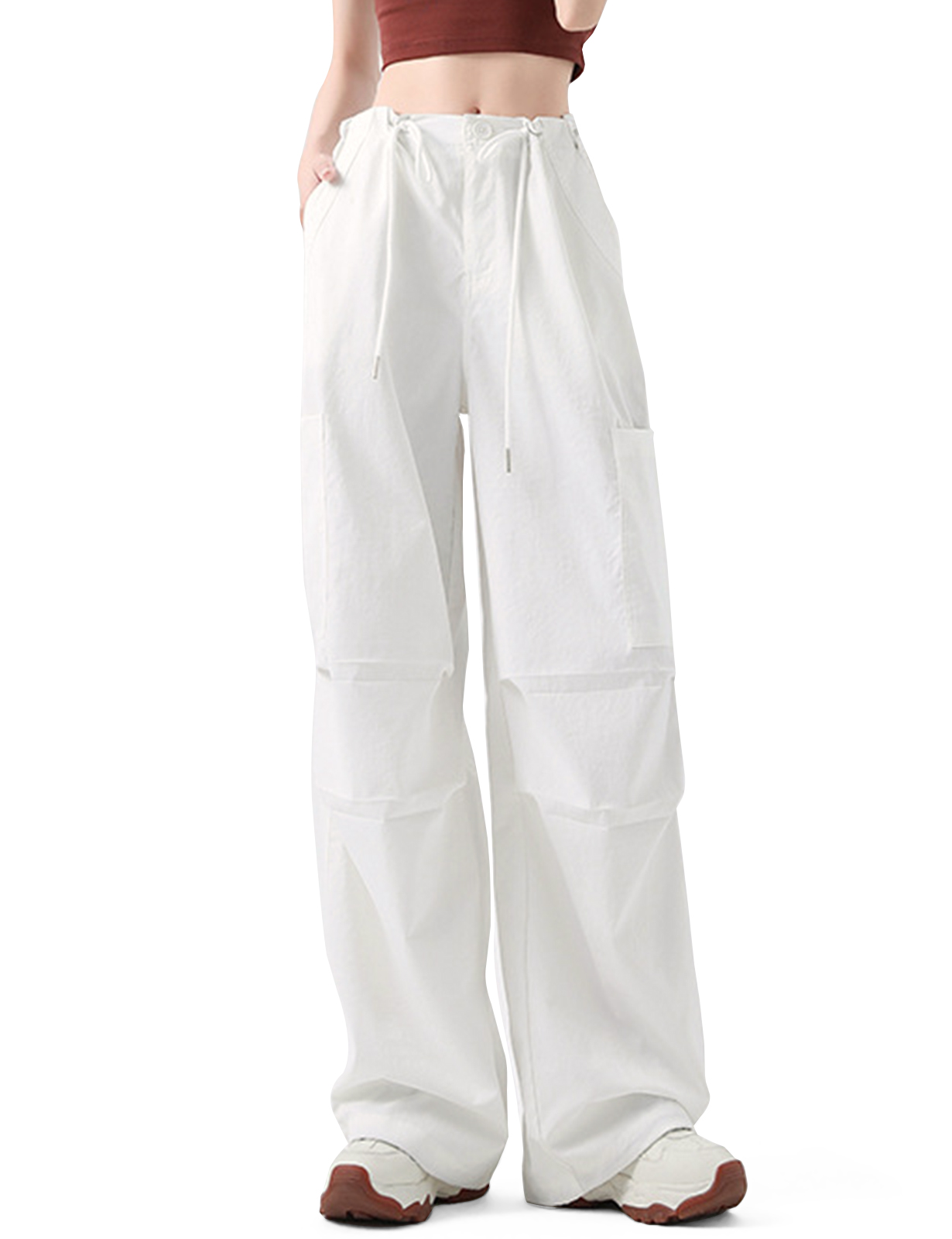 Women's Cargo Pants - Baggy Parachute Pants with Pockets for Everyday Wear, Adjustable Drawstring Waist