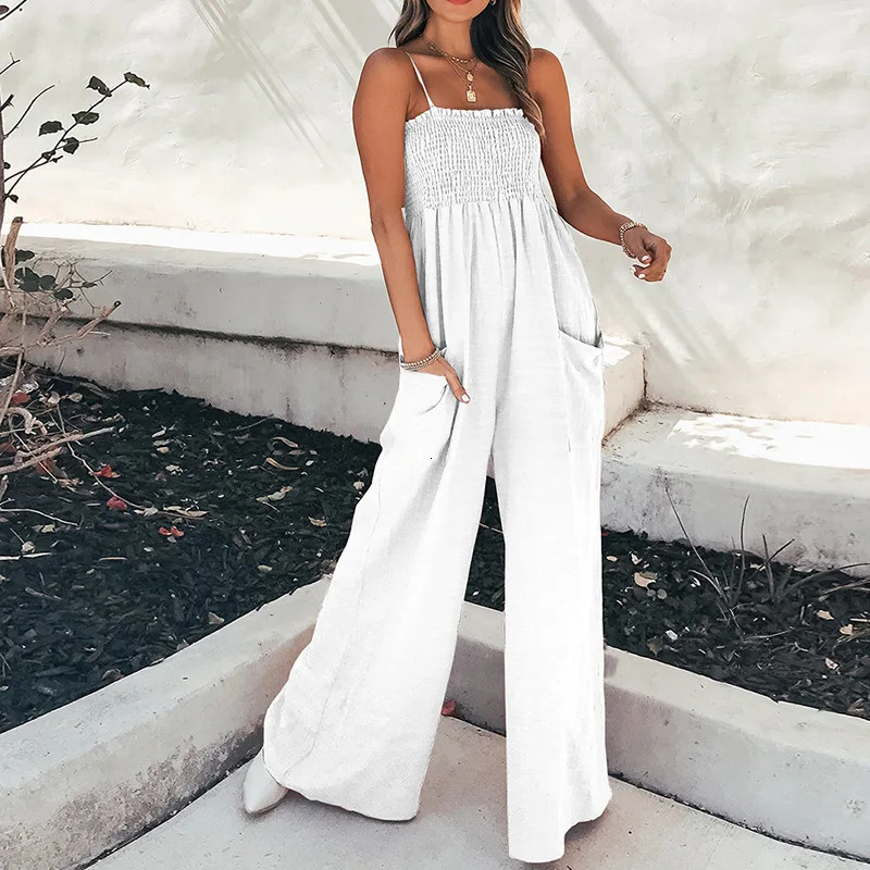 Womens Jumpsuit Suspender Straps Pleated High Waist Wide-leg Pocket Fashion High Street One Piece Pants Set 250314