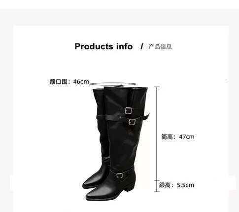 Black Leather Buckled Knee High Boots Women's Chunky Low Heel Vintage Western Pointed Toe Long Boot Designer Party Shoes