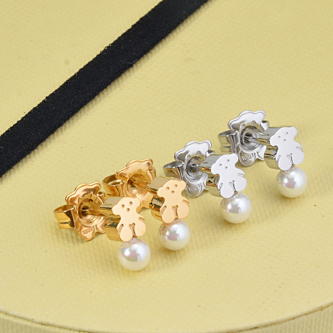 Fashion Women Girls Bear Silver Gold Stainless Steel Small Mini White Pearl Color Zircon Heart Animal Span Stud Earrings Jewelry