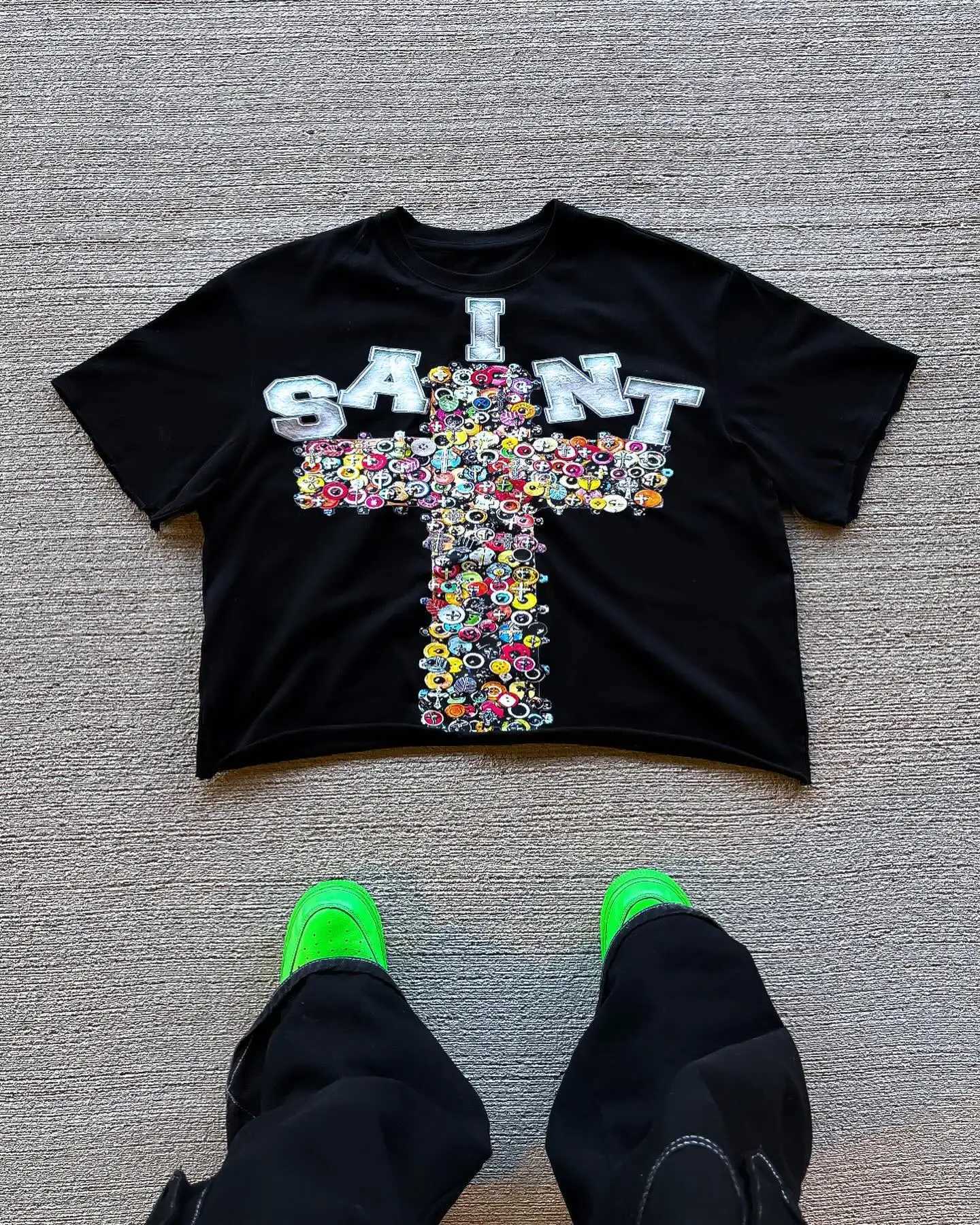 New street mens clothing Harajuku womens retro cross graphic print oversized T-shirt Gothic casual cotton drip sleeve short sleeved topT250318