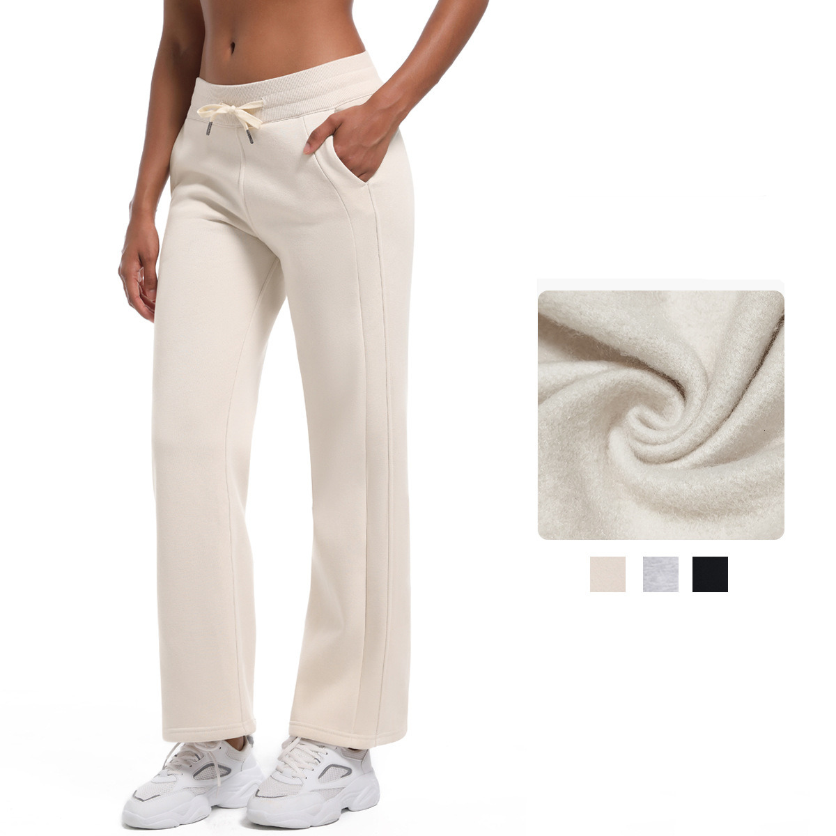 New tracksuit Solid Color Wide with High Comfortable Relaxation for Autumn and Winter, Thickened Velvet Straight Leg Waist Pants, Drawstring Yoga Pant