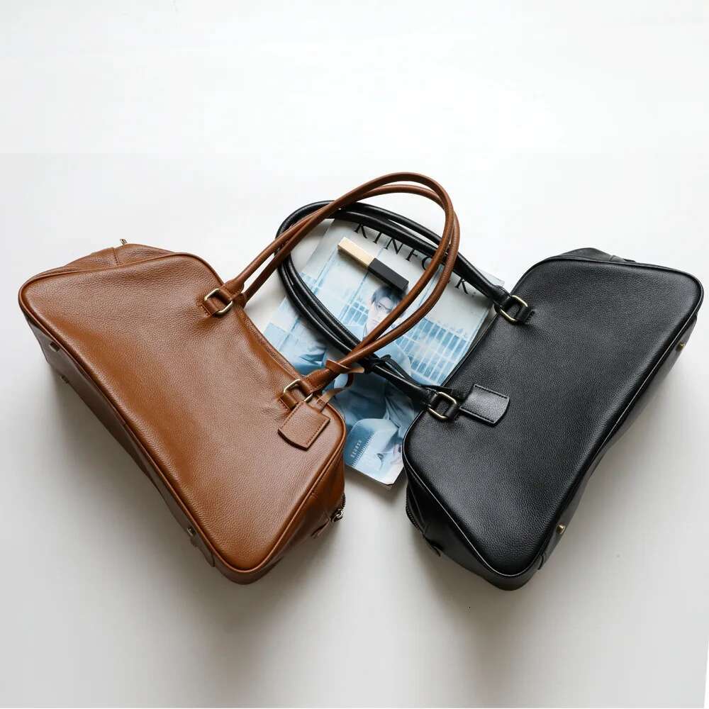 New Winter Genuine Women Large Retro Bags 2024 Cowhide Leather Commute Handbags High Quality Simple Shoulder Bag Brown
