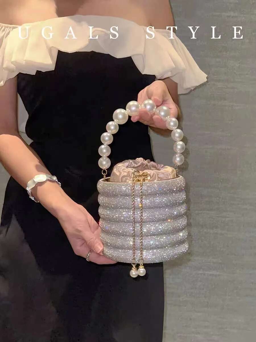 Glitter Bucket Pearl Beading Women's Handbag Bg Shiny Dias Evening Wedding Party Clutch Purse Shoulder Bag