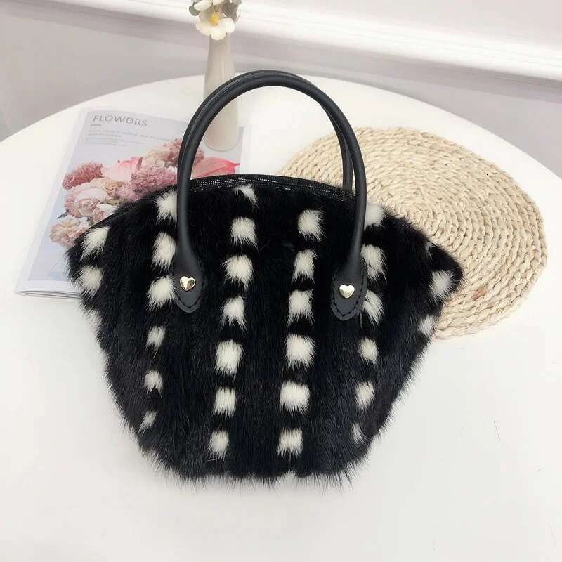 Mink Real Fur Bucket Women's Crossbody Shoulder Fashion Plush Handheld Ladies Shell Clutch Bag