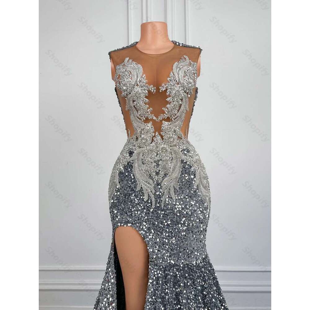 Sier Mermaid Prom Dresses For Black Girls Sparkly Long Sequin Crystals Birthday Party Gowns With High Slit Customized Dr0318
