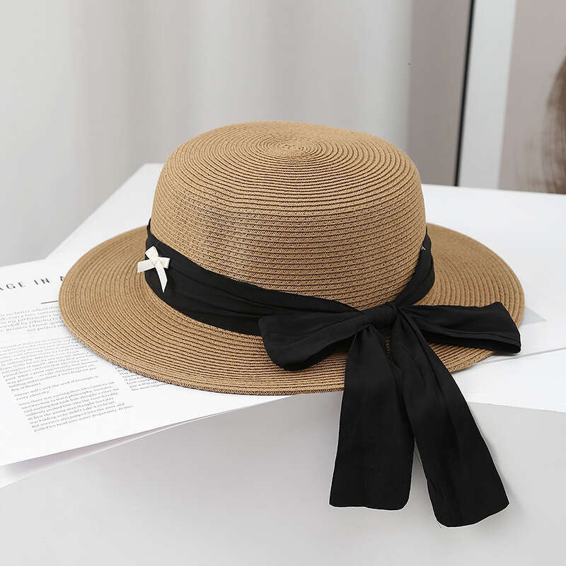 Summer fresh bow big ribbon flat top straw ins women's beach outdoor wide eave sunshade hat