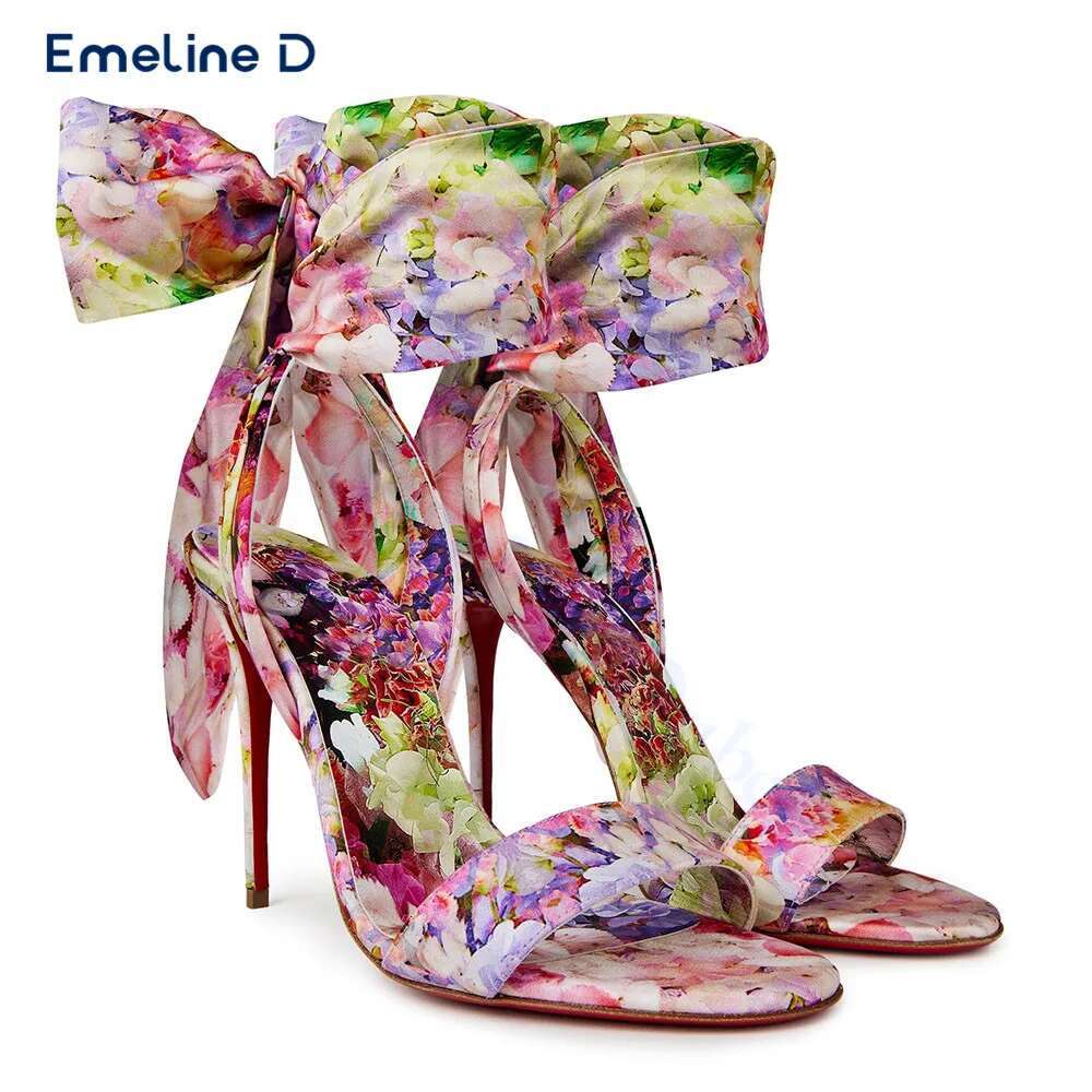 Bright Colorful Wer Print Satin Round Toe One-Strap Stiletto Sexy Sandals Calf Straps Fashionable Women's Shoes