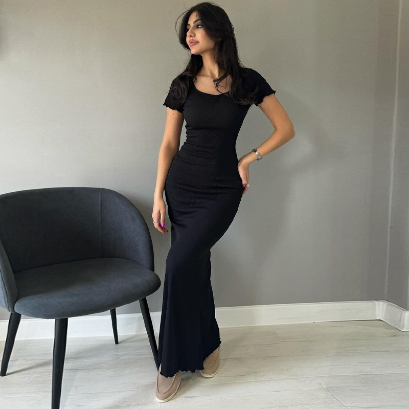 2024 Summer New Women's Clothing Solid Color Temperament U-Neck Short Sleeved Slim Long Dress For Women