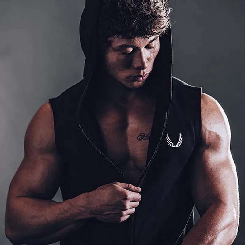 Men's Running Fiess Sleeveless Hooded Sweatshirts Jackets For Man Zip Hoodie Vest Gym Clothing Sportswear Jogging Tracksuits
