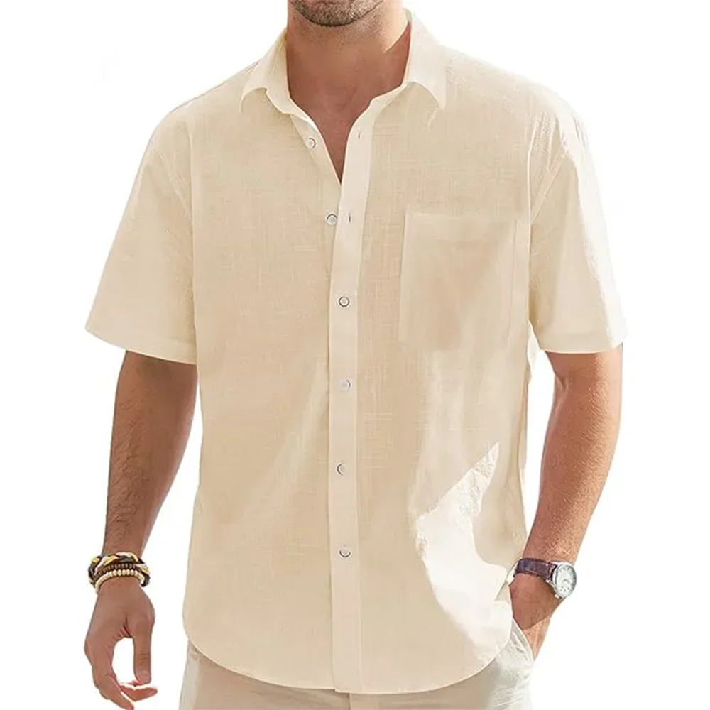 Mens Solid Color Cotton Linen Short Sleeve Shirts Vacation Beach Summer Tops with Pocket Casual Lightweight Button Shirts 250318