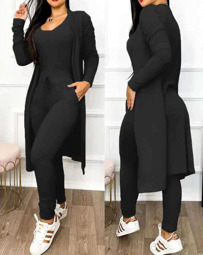 Autumn Womens New Drawstring Pocket Design Jumpsuit Coat Set Temperament Commuting Women Fashion Suit Sets Two Piece Outfits X250318