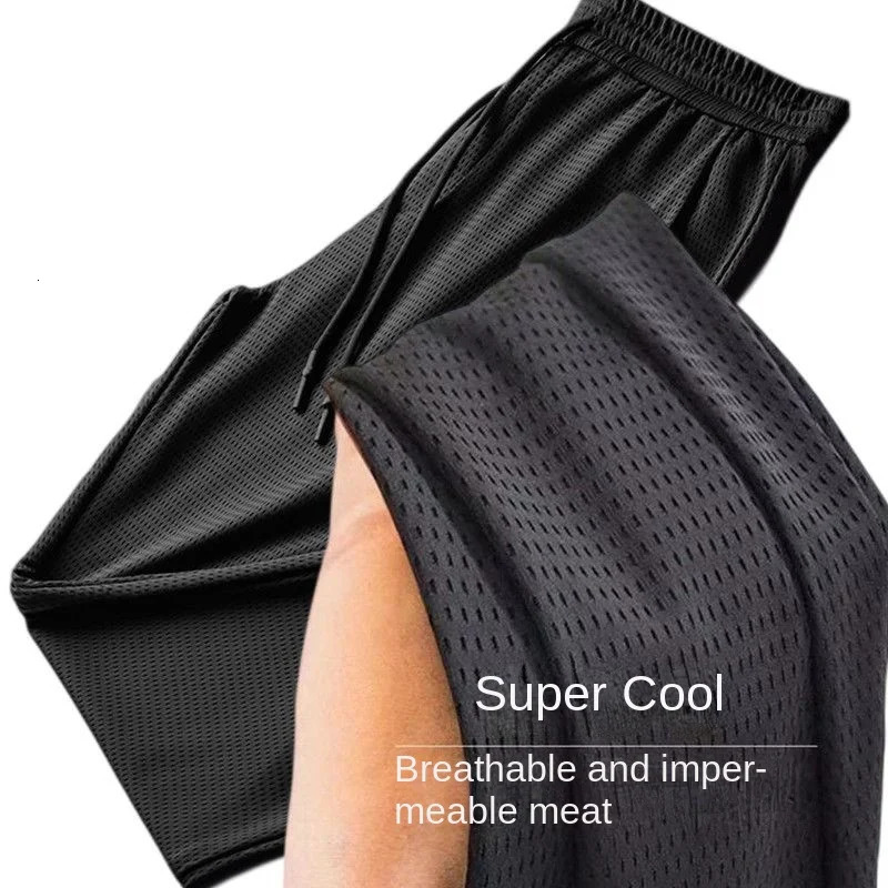 Mens Summer Ice Silk Pants Mesh Breathable Casual Thin Quick Dry Pants Loose Elastic Beam Feet Pants Sports Fitness Pants 250318