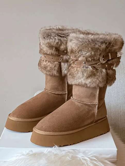 Flat Platform Brown Fur Snow Boots Women's Round Toe Buckled Winter Warm Mid Calf Boot Designer Soft Causal Dress Shoes
