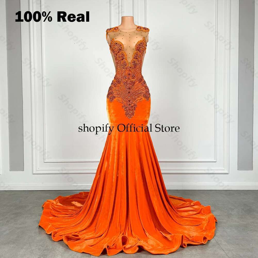 Elegant Long Orange Veet Prom Dress For Black Girls 2025 Rhie Dia Mermaid Birthday Party Gowns Customized Dr0318