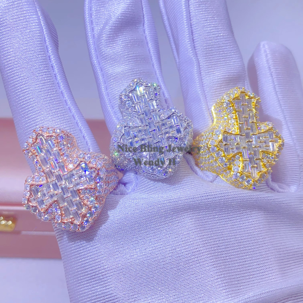 Gold Plated baguette Style Cross Vvs Moissanite Diamond 925 Sterling Silver Rings for Men Hip Hop Fashion Jewelry Ring