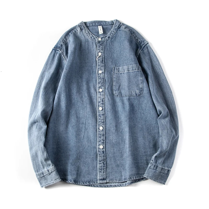 Spring/Autumn Casual Loose Laundry Denim Collarless Mens Long Sleeve Japanese Retro Work Clothes Top for Young Men 250317