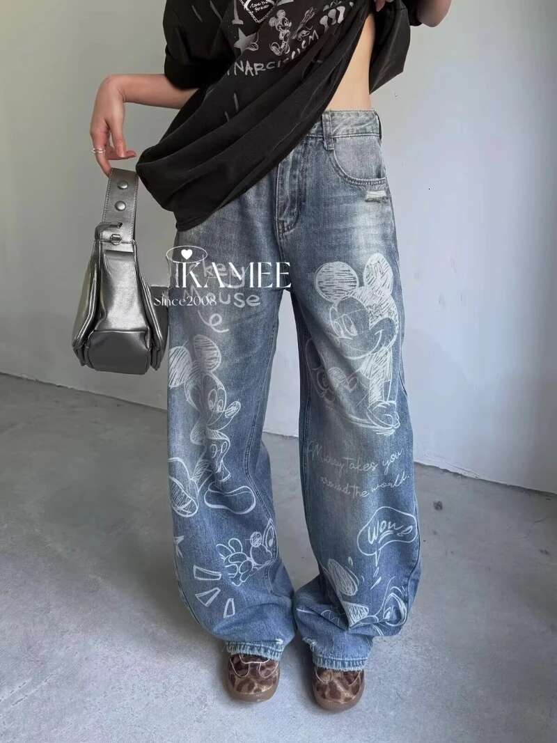 2025 Spring American Street Denim Trousers Cartoon Graffiti High Waist Skinny Wide Leg Jeans Or Mopping Straight Pants Women