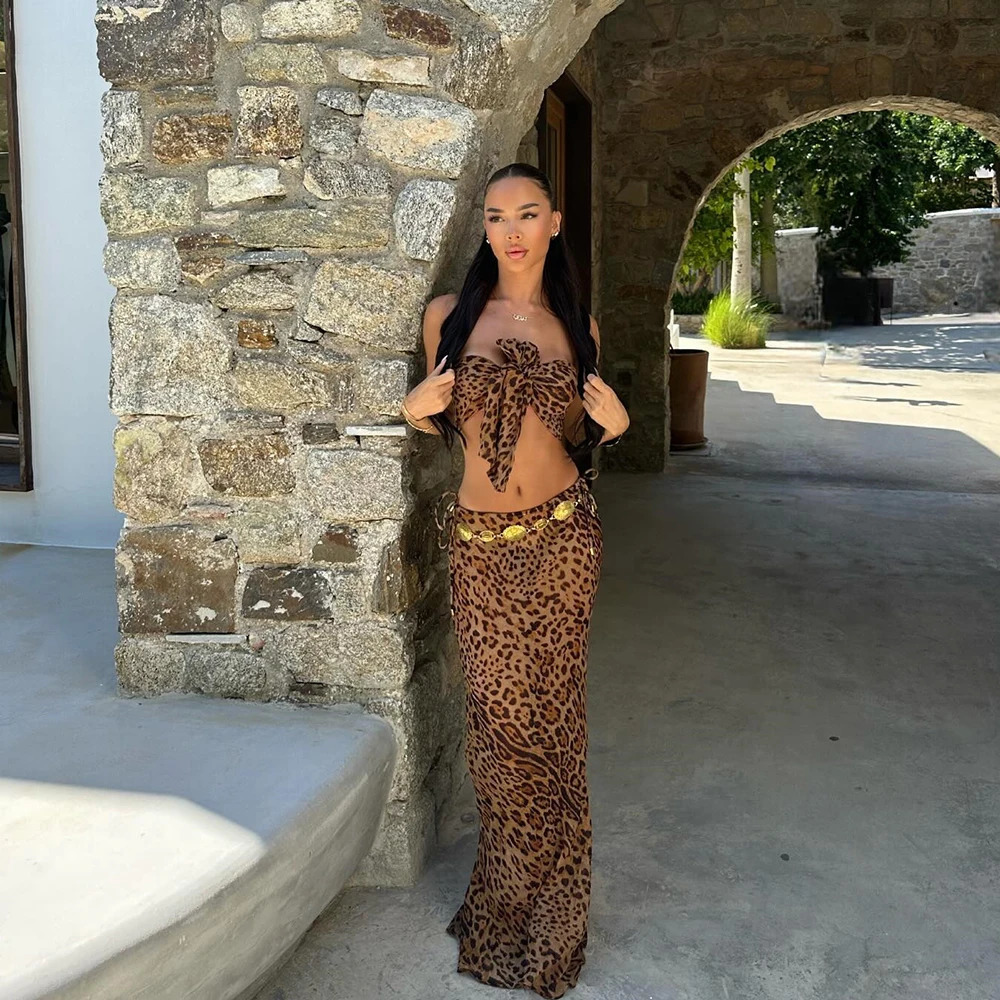 3 Pieces Leopard Bow Bikini Set 2025 Sexy Women Swimsuit Long Skirt Female Swimwear Brazil Bathing Suit Beachwear Cover Ups 250318