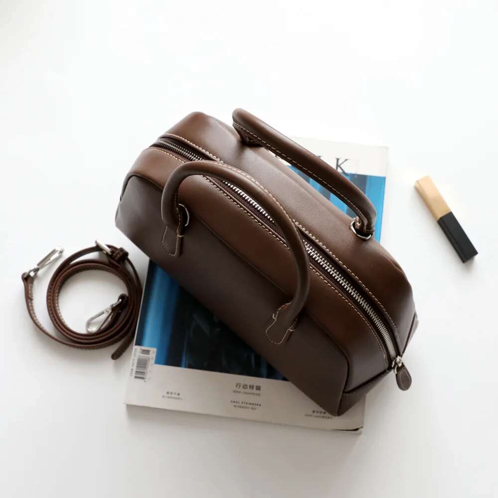 Genuine Cow Leather Women Casual Boston Bag 2023 New High Quality Shoulder Bags Ladies Designer Commute Handbags Coffee