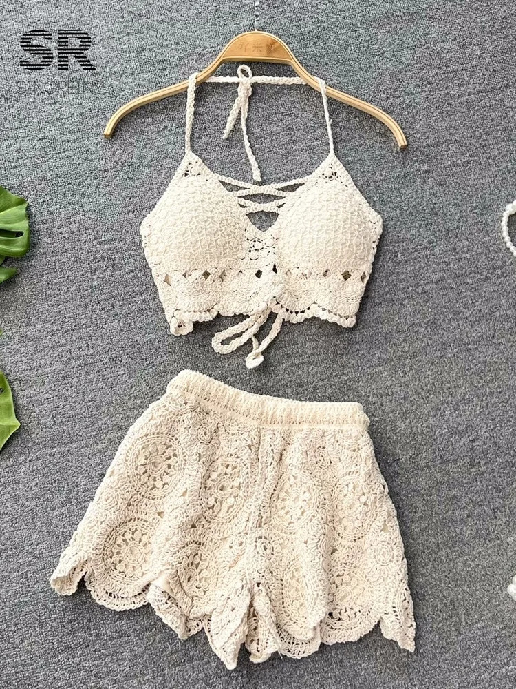 SINGREINY Knit Two Piece Sets Women Summer Vacation Backless Camisole Elastic Waist Shorts Hollow Out Y2K Beach Style Suits 250318