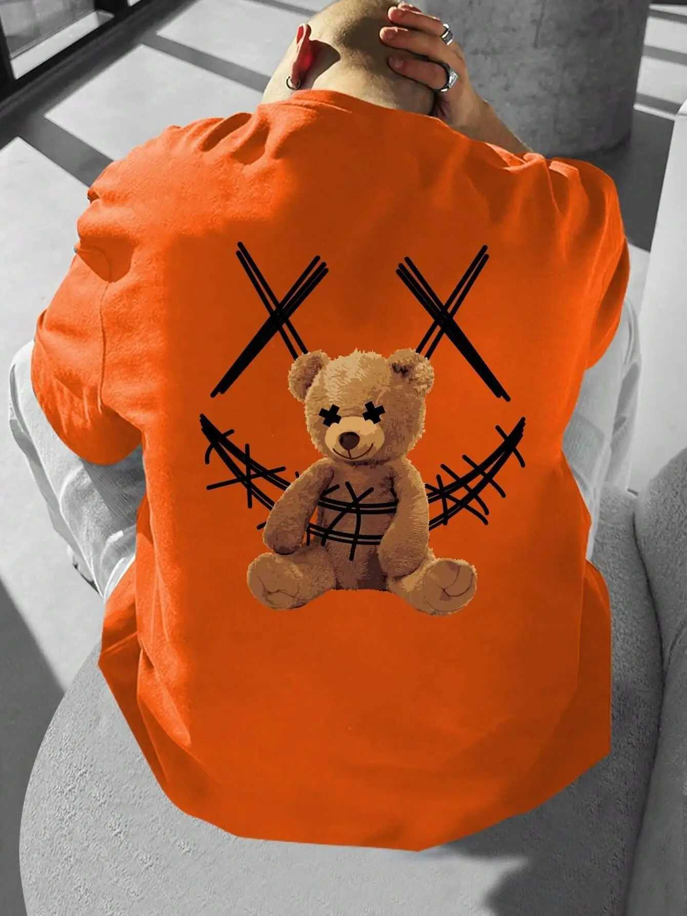 Brown bear print mens T-shirt round neck loose top breathable and comfortable casual oversized womens clothingXJ250318