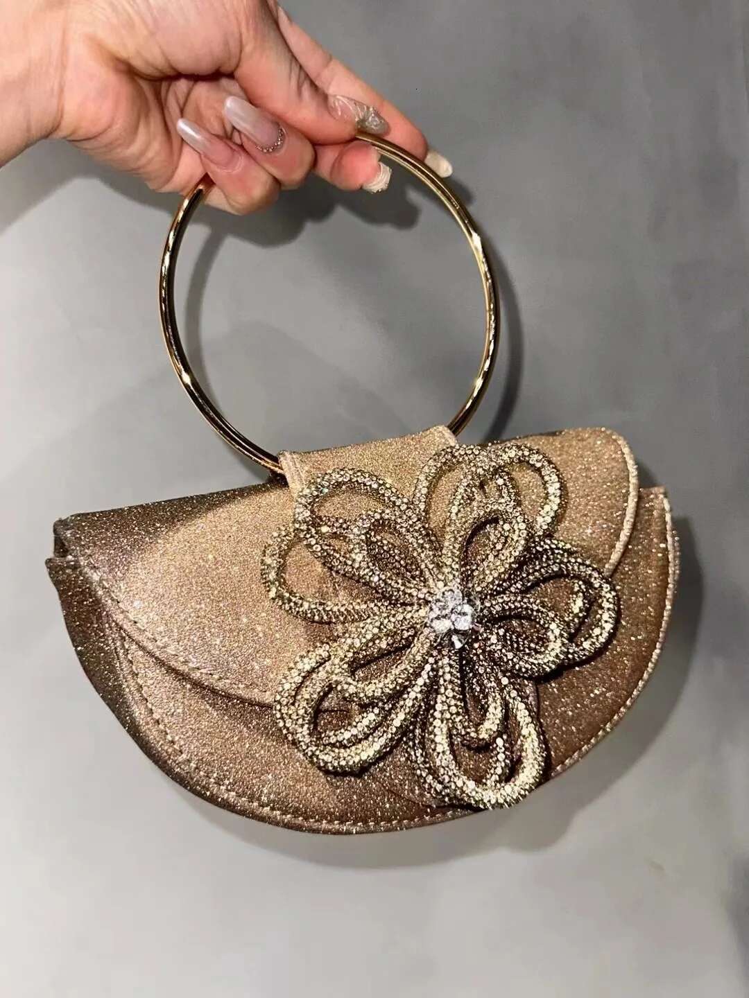 Metal Ring Handle Half Moon Glitter Shiny Evening Women's Handbag Wedding Party Clutch Purse Shoulder Crossbody Bag