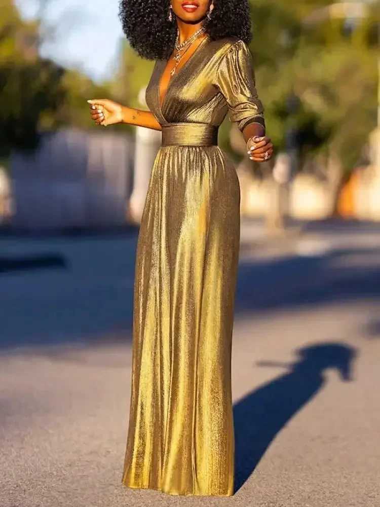 UOOZ sexy party shiny womens jumpsuit 2025 New Year long Slves wide leg wide leg Dp V-neck one-piece set X250318