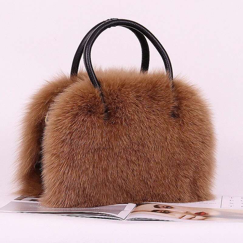 Women Real Top-Handle Winter Fox Shoulder Bag Fluffy Fur Handbag Casual Tote Plush Purse Crossbody Bags