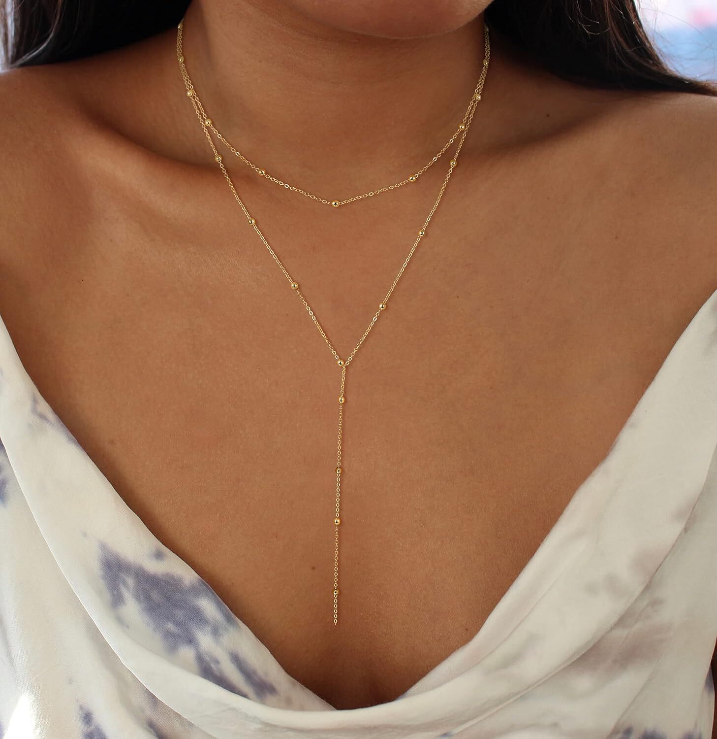 Women's lasso necklace, exquisite long 14k gold-plated/sier Y-shaped fashionable layered cubic zirconia bead pendant necklace simple gold jewelry