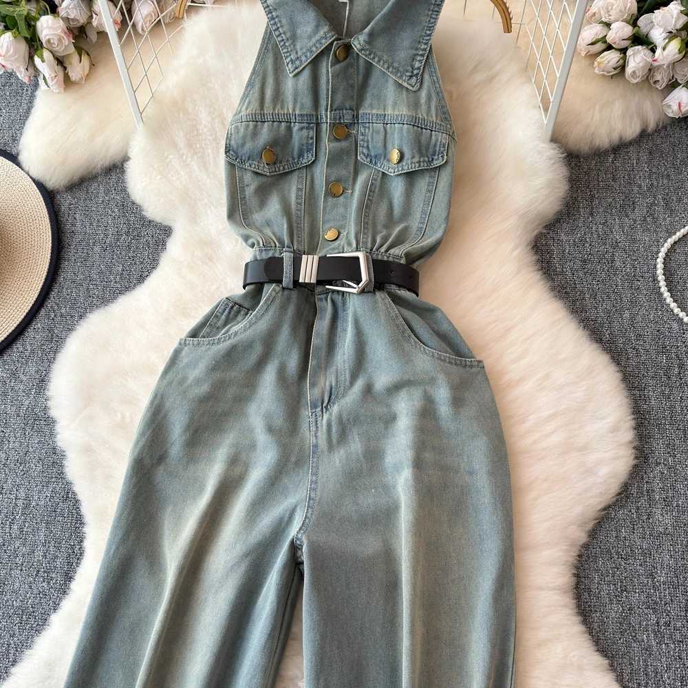 Womens denim jumpsuit tight fitting single chest casual high waist summer button up lapel wide leg jumpsuit X250318