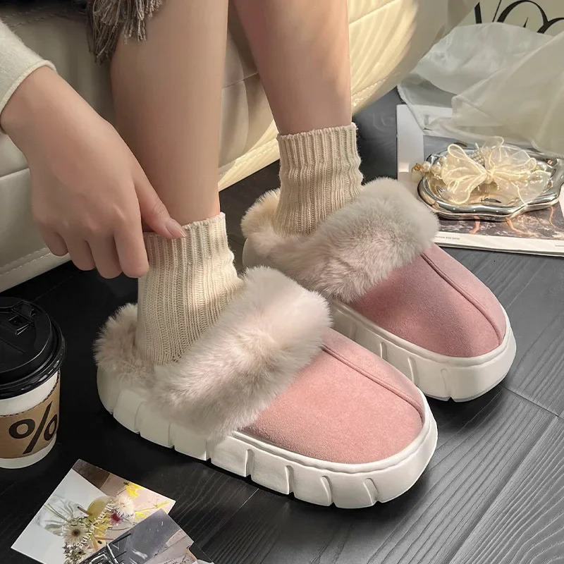 Women Indoor Fluffy Slippers Thick Sole Winter Warm Shoes For Couples Soft Fur Keep Warm Female Male House Floor Slipper 250318