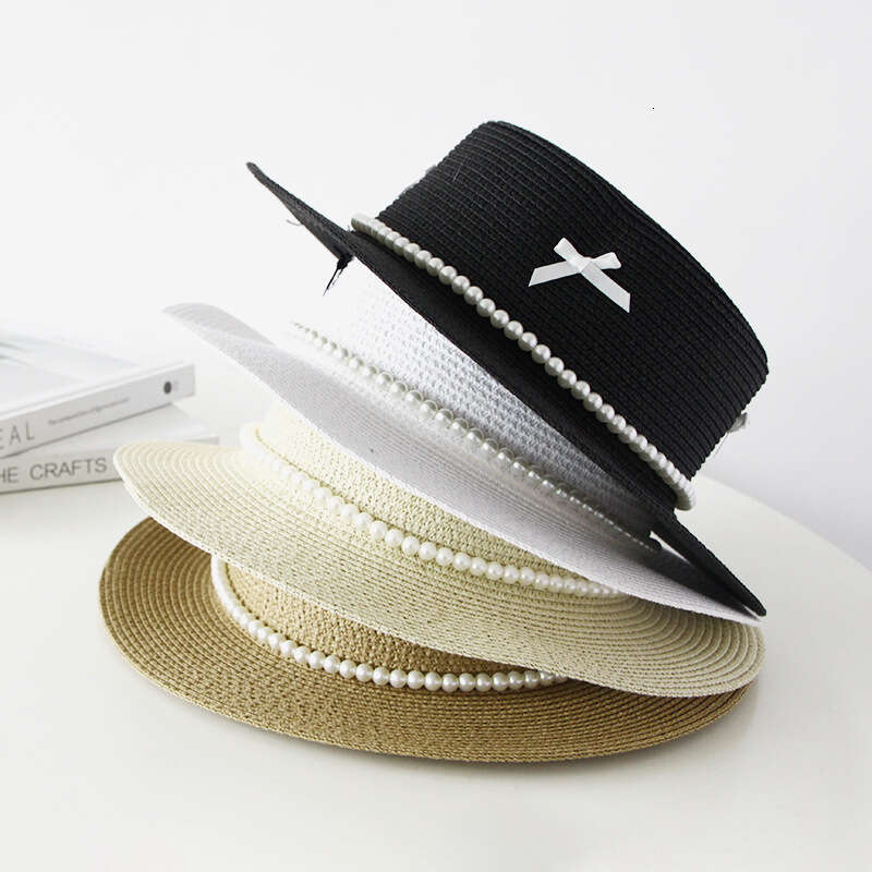 Flat topped straw women's French pearl bow, flat edge hat, beach vacation style, sun protection hat