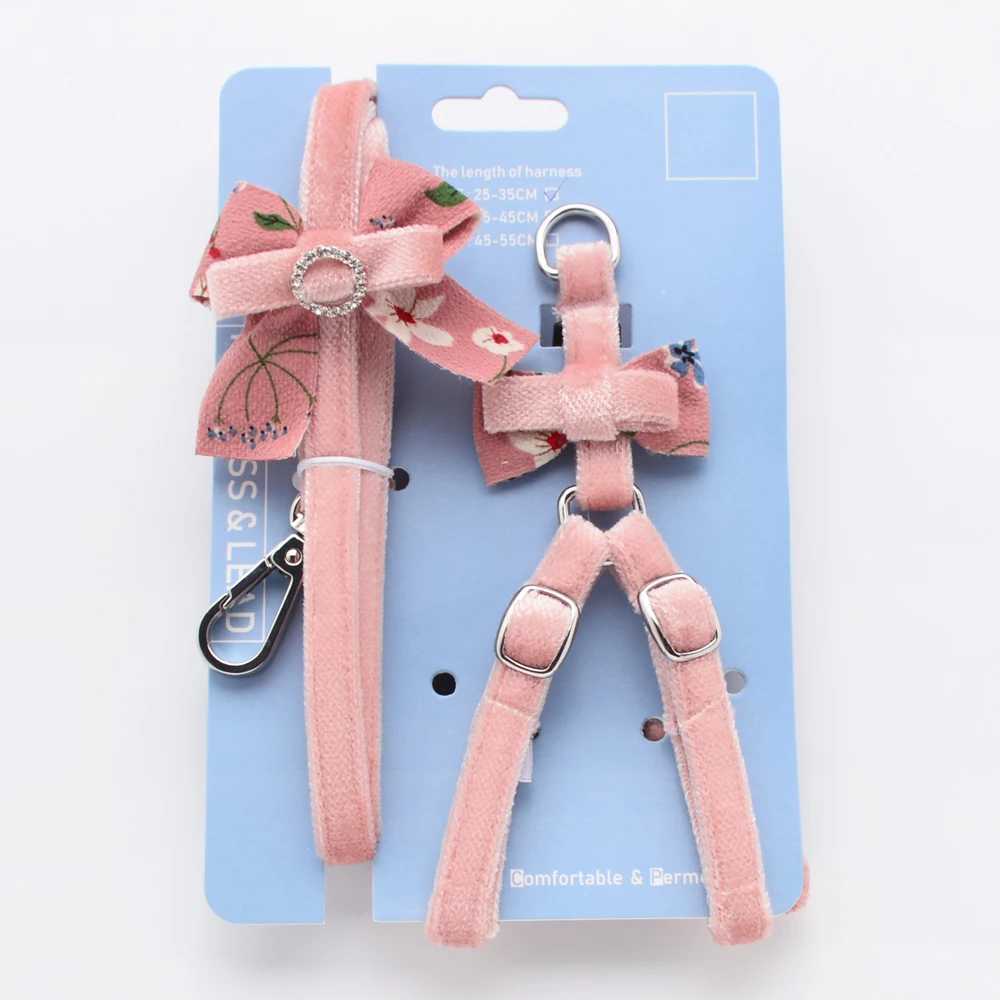 Pink Floral Flocking Dog Collar With Rhinestone For Small Dogs Pink White Pet Harness Princess Cat Comfort Walking Pitbull PugsT250318