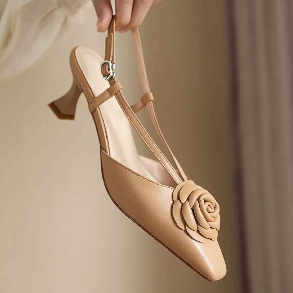 Warm leather high-heeled shoes toe slip back summer pump elegant womens slim daily dress sandals floral shoes Y250317
