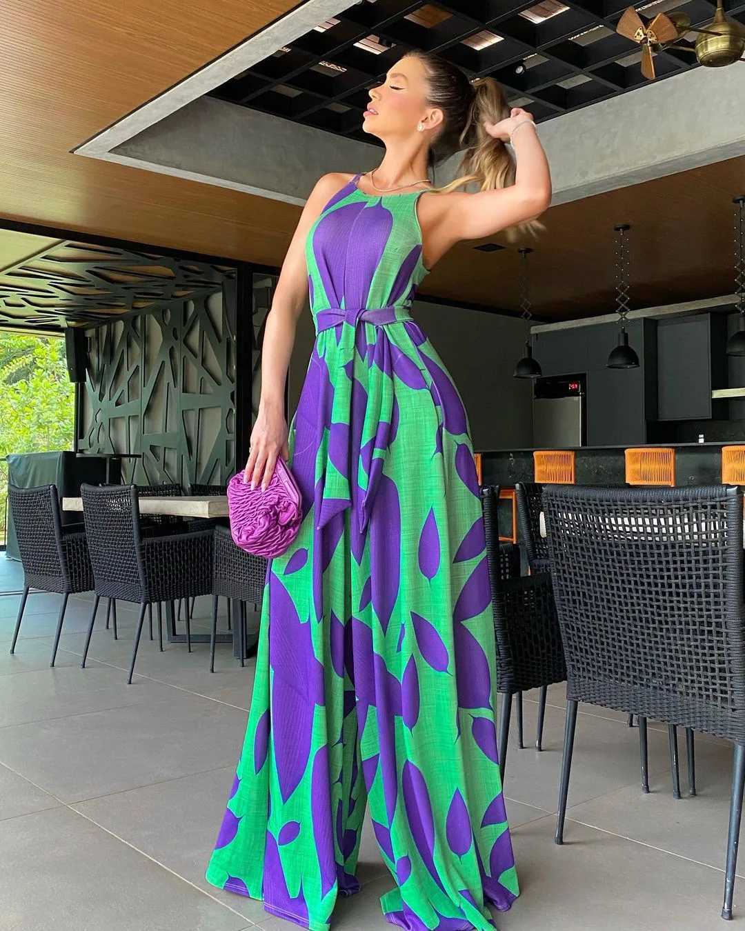 Womens jumpsuit one-piece printed round neck sleeveless loose fitting waist wide legs long pants lace jumpsuit X250318