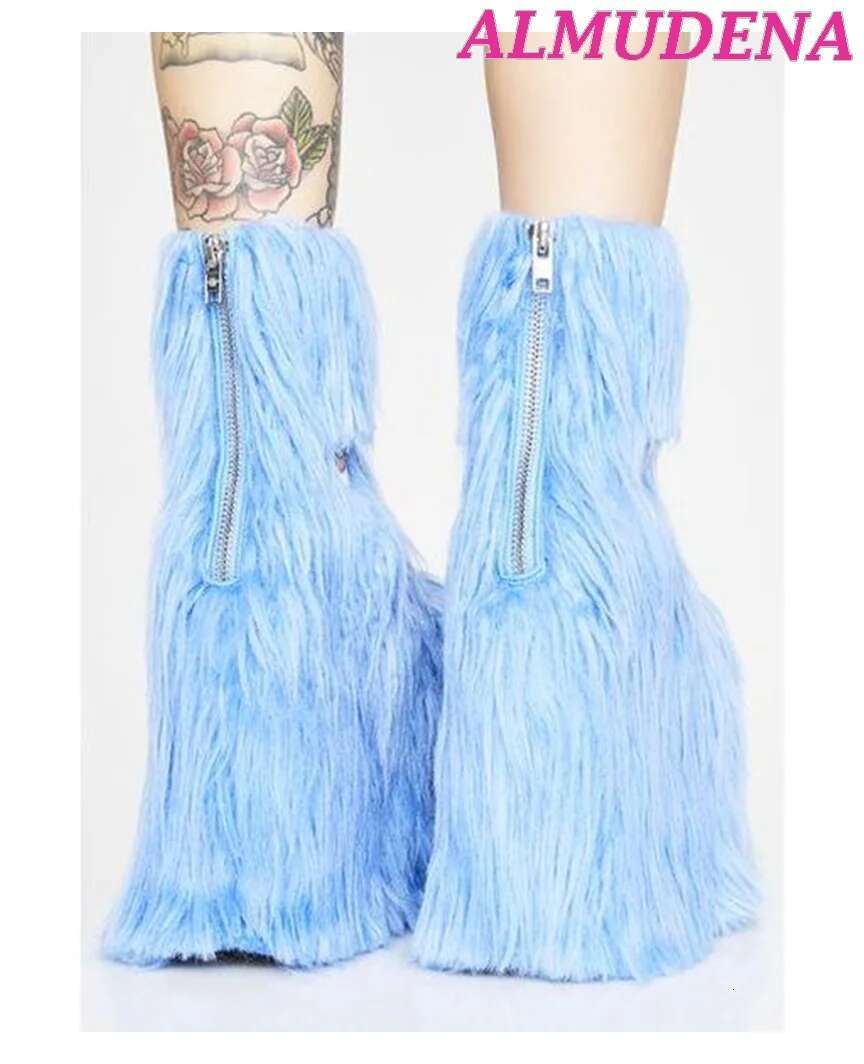 Blue Fur Platform Kawaii Boots Eyes Wedges Super High Heels Furry Boot Lolita Dress Winter Big Size Designer Highten Shoes