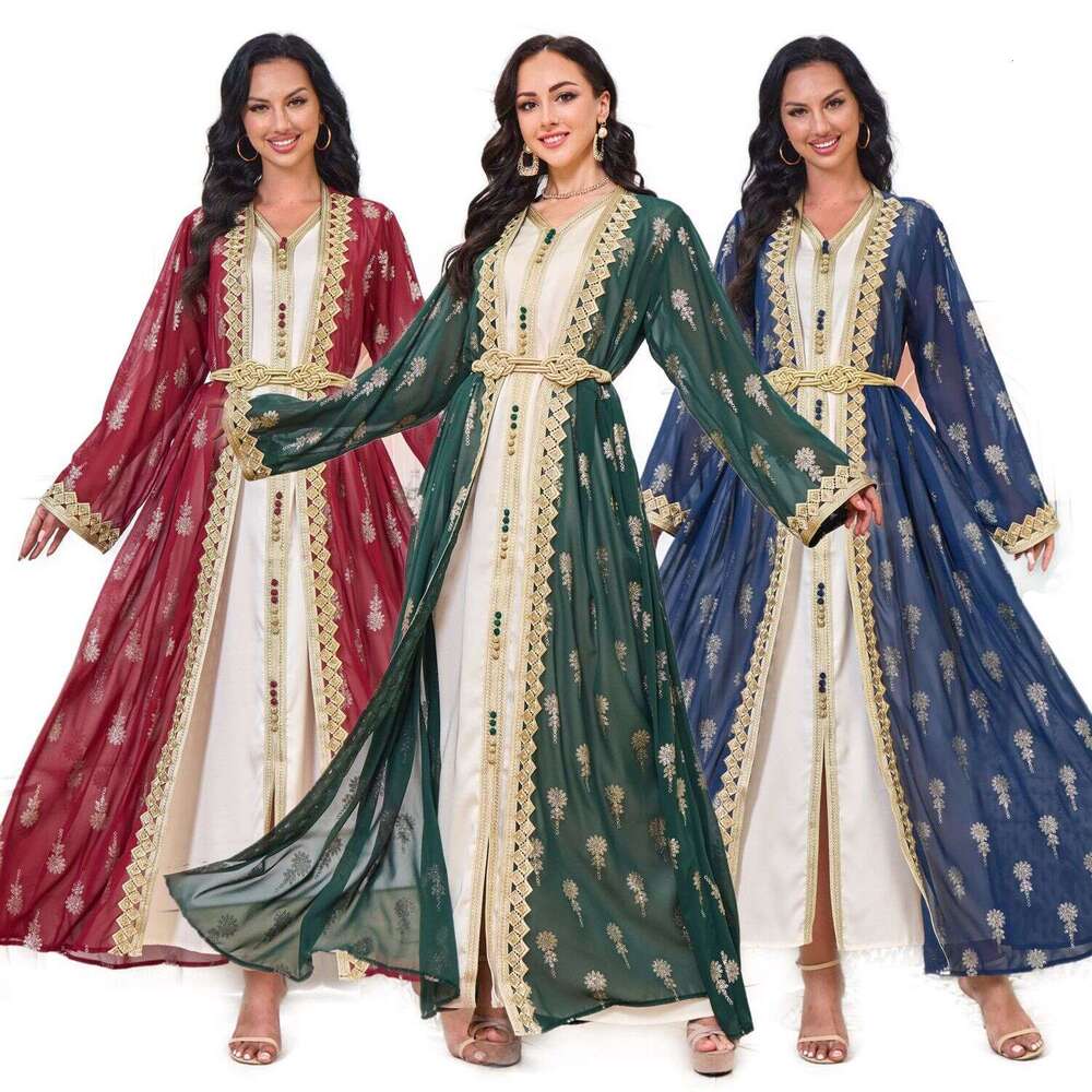 Mt029 Arab Clothing Robe Embroidered Cardigan Vest Two-Piece Set Dress