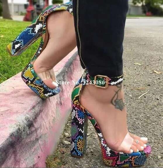Lady Snakeskin Leather Chunky Heel Shoes Women Sexy PVC Ankle Buckle Platform Fashion Party High Heels Sandals