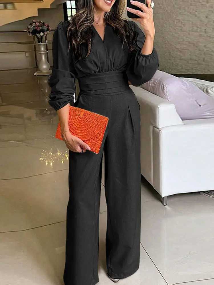 VONDA Womens Autumn jumpsuit Fashion Retro Solid Color Long Sleve V-neck Wide Leg jumpsuit Lantern Sleve High Waist Playsits X250318