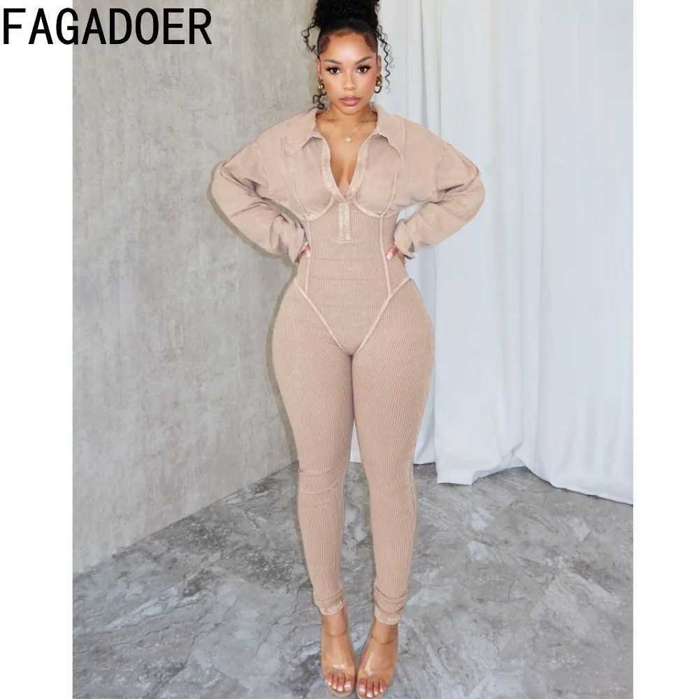 FAGADOER Fashion Solid High Quty Ribber Bodycon Womens V-neck Long Slender Ultra Thin Playsuits Womens Elastic Top X250318
