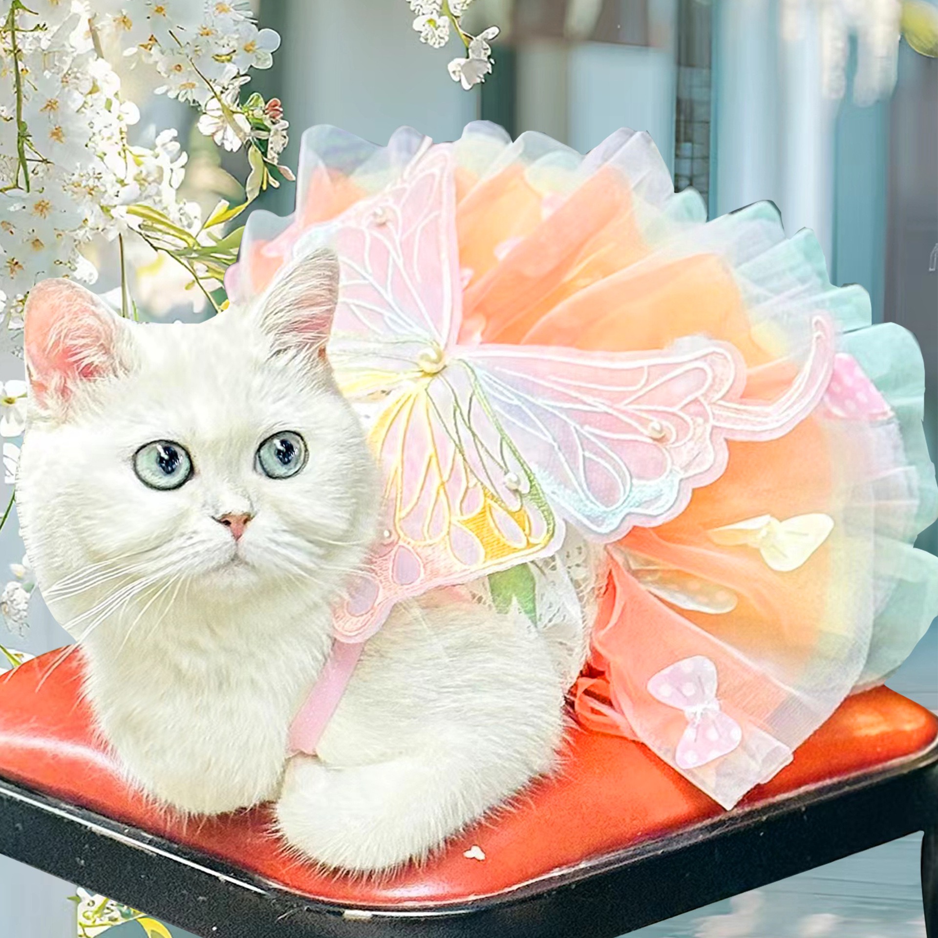 Dog Dresses, Rainbow Butterfly Dog Dresses for Small Dog Girl Puppy Lace Princess Dress Cat Outfit Pet Butterfly Costume for Kitten