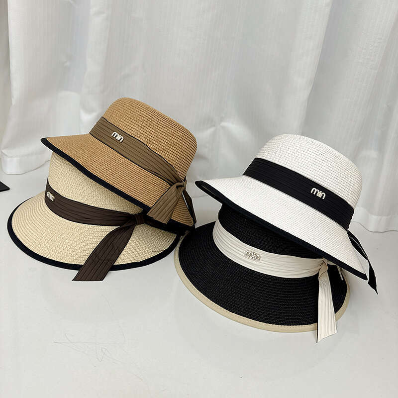 Summer metal letter label woven ribbon bow straw for women, beach vacation hat, outdoor protection sun hat