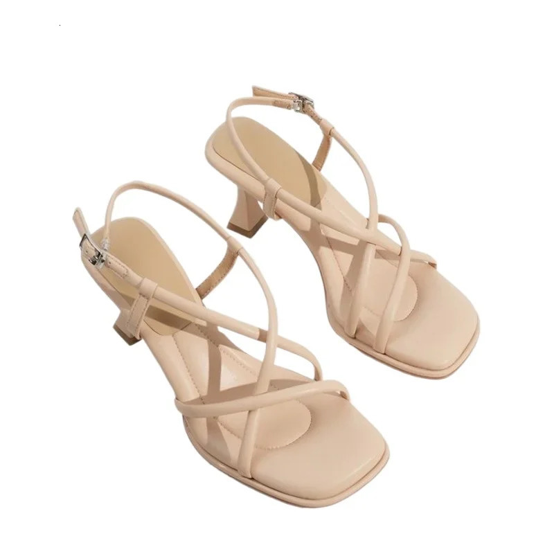 Summer Simple Square Headed Slim Strap Thick Heel Sandals for Women Straight Toe Open Toe Sandals for Women 250318