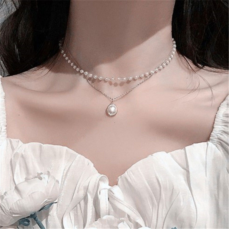 Pearl Double Necklace Personality Simple Fashion Clavicle Chain Pearl Pendant Sweater Chain Jewelry for Women
