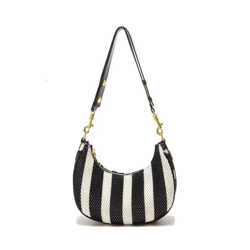 Meet You Women's Half Moon Hobo Simple Black White Color Contrast Stripe Armpit High Quality Seaside Beach Shoulder Bag