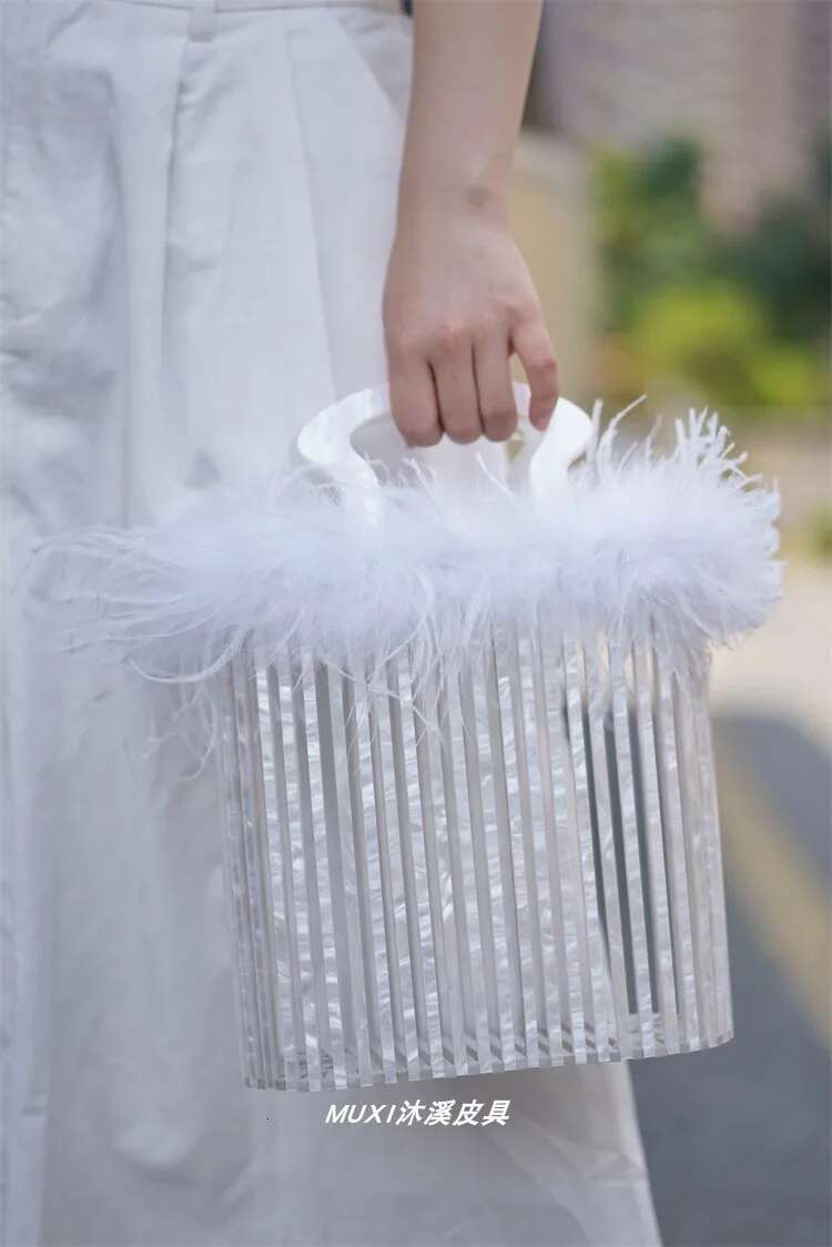 Designer Fashion Ostrich Feather Women's Handbag Hollow Out Acrylic Evening Wedding Party Clutch Purse Shoulder Bag